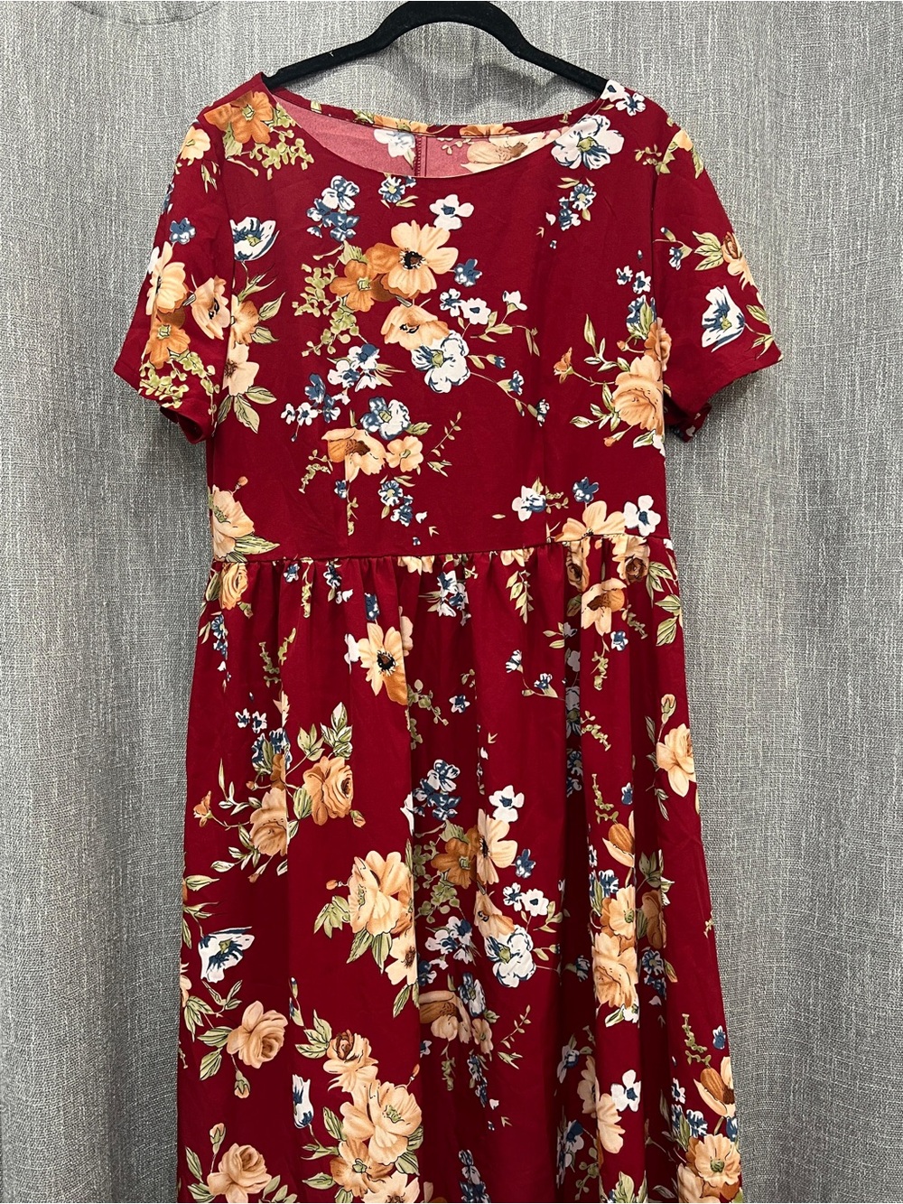 SHEIN Red Floral Midi Dress with Peach Blooms